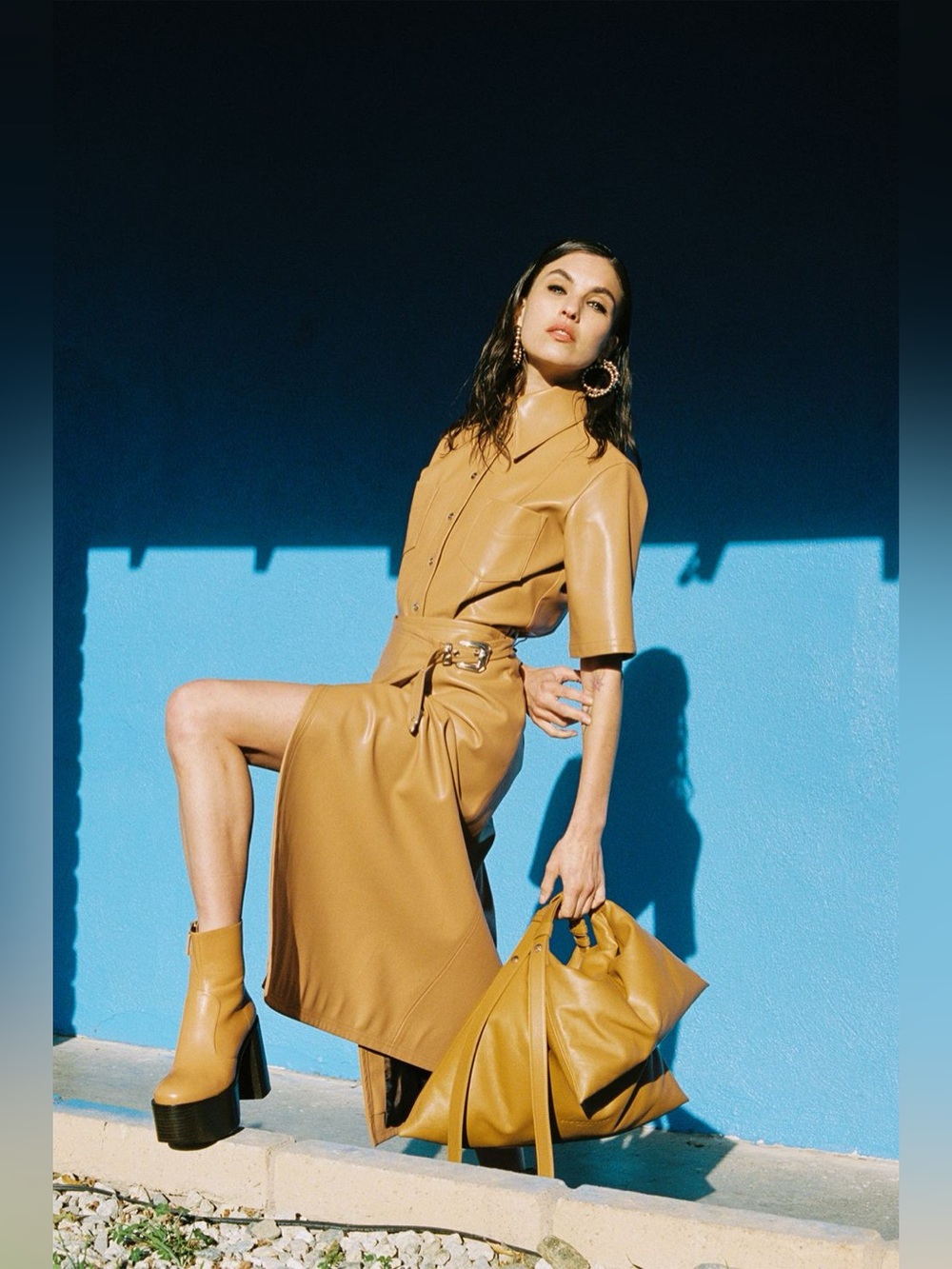 Simon Miller Vegan Faux Leather 2-Pc Set Bandera Shirt Vega Skirt in Toffee NWT